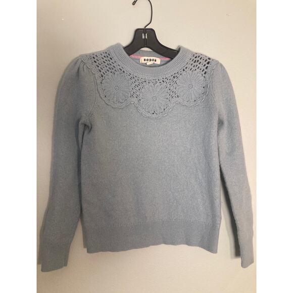 Boden Lovely Floral Crochet Light Blue Knit Sweater Mid-weight Cottagecore~ Sz S - Picture 5 of 10